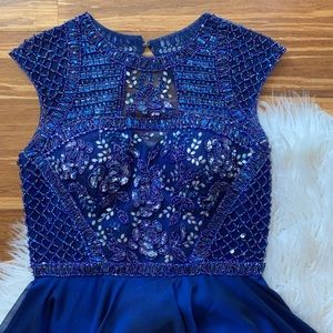 Short Blue Beaded Sherri Hill Homecoming Dress
